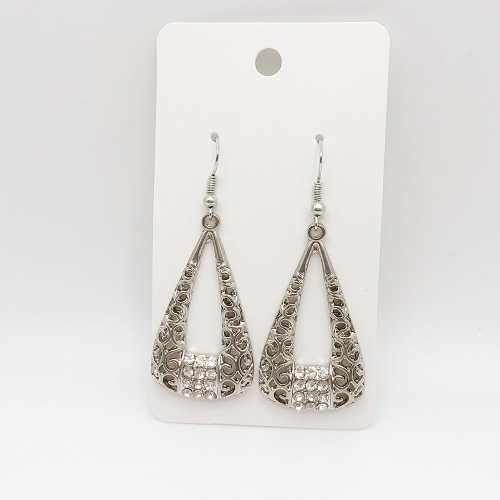 Silver Plated Pave Crystal Triangle Dangle Drop Earrings
